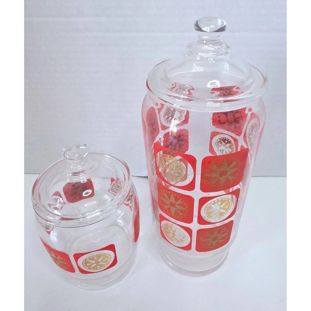 Vintage MCM Red Gold Atomic Starburst Glass Canister Set of 2 Retro Kitchen Jars